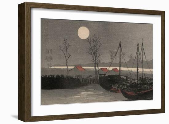 Sailboats Moored under the Moon.-Uehara Konen-Framed Art Print