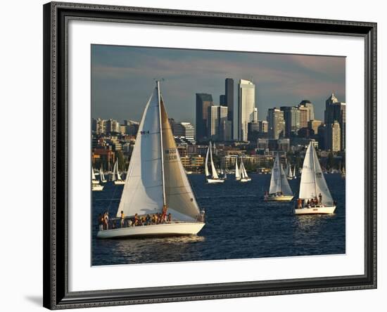 Sailboats Race on Lake Union under City Skyline, Seattle, Washington, Usa-Charles Crust-Framed Photographic Print