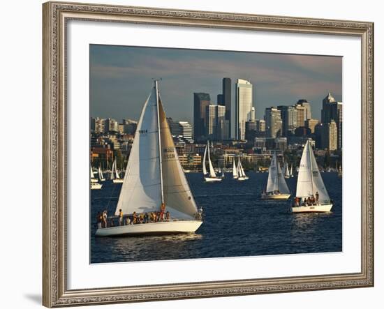 Sailboats Race on Lake Union under City Skyline, Seattle, Washington, Usa-Charles Crust-Framed Photographic Print