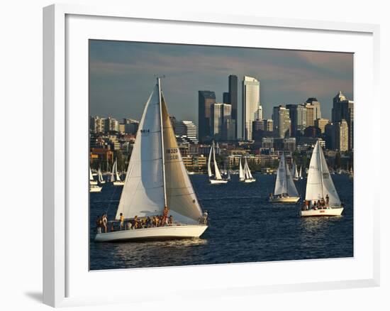 Sailboats Race on Lake Union under City Skyline, Seattle, Washington, Usa-Charles Crust-Framed Photographic Print