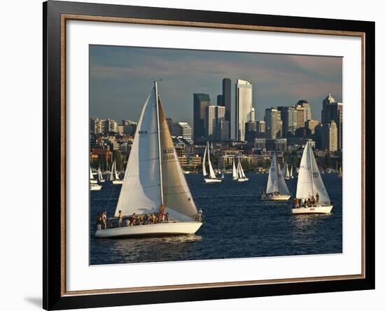 Sailboats Race on Lake Union under City Skyline, Seattle, Washington, Usa-Charles Crust-Framed Photographic Print