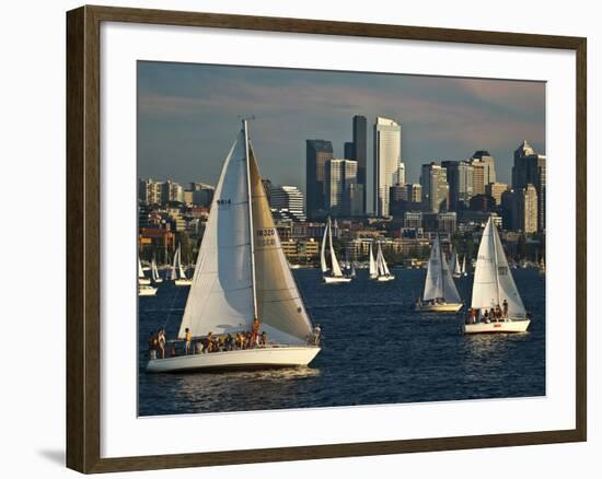 Sailboats Race on Lake Union under City Skyline, Seattle, Washington, Usa-Charles Crust-Framed Photographic Print