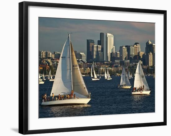 Sailboats Race on Lake Union under City Skyline, Seattle, Washington, Usa-Charles Crust-Framed Photographic Print