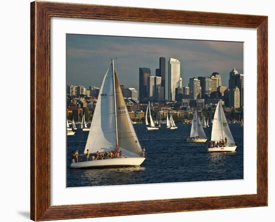 Sailboats Race on Lake Union under City Skyline, Seattle, Washington, Usa-Charles Crust-Framed Photographic Print