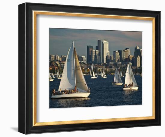 Sailboats Race on Lake Union under City Skyline, Seattle, Washington, Usa-Charles Crust-Framed Photographic Print
