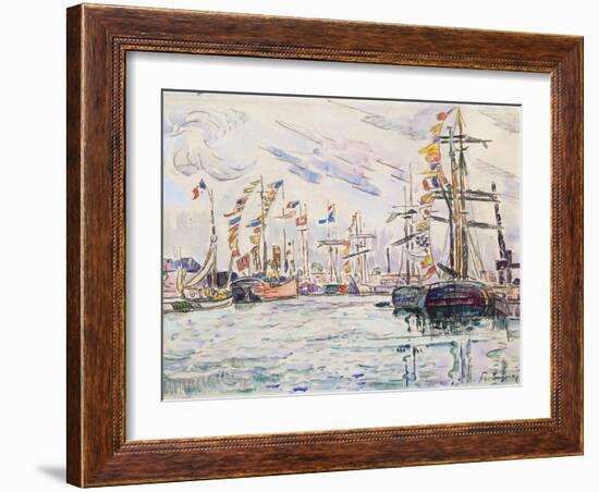 Sailboats with Holiday Flags at a Pier in Saint-Malo, 1920s-Paul Signac-Framed Giclee Print