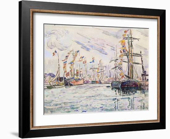 Sailboats with Holiday Flags at a Pier in Saint-Malo, 1920s-Paul Signac-Framed Giclee Print