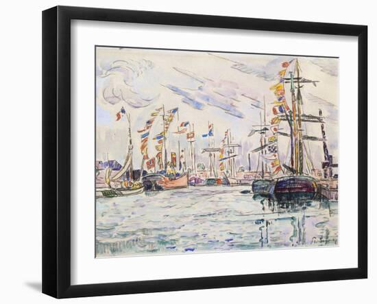 Sailboats with Holiday Flags at a Pier in Saint-Malo, 1920s-Paul Signac-Framed Giclee Print