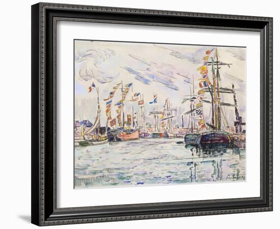 Sailboats with Holiday Flags at a Pier in Saint-Malo, 1920s-Paul Signac-Framed Giclee Print