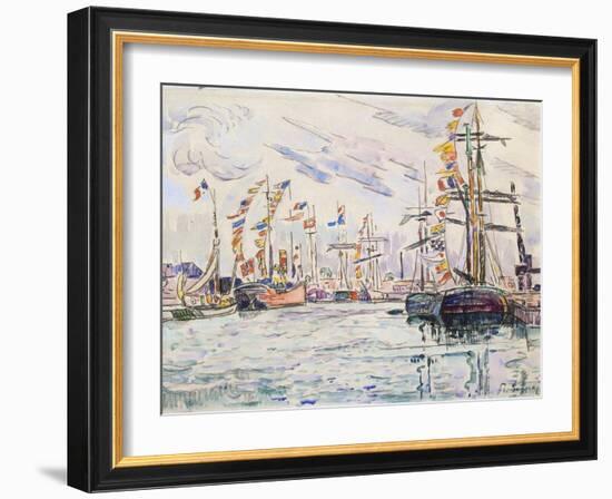 Sailboats with Holiday Flags at a Pier in Saint-Malo, 1920s-Paul Signac-Framed Giclee Print