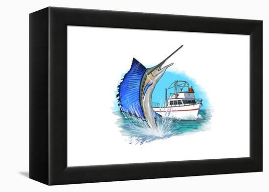 Sailfish and Fishing Boat - Icon-Lantern Press-Framed Stretched Canvas