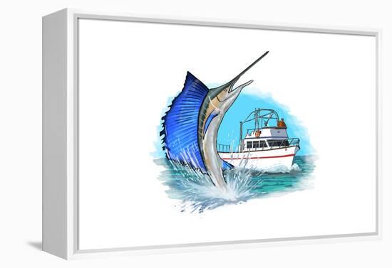 Sailfish and Fishing Boat - Icon-Lantern Press-Framed Stretched Canvas