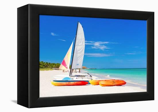 Sailing Boat (Catamaran) and Kayaks at Varadero Beach in Cuba-Kamira-Framed Premier Image Canvas