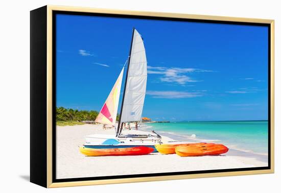 Sailing Boat (Catamaran) and Kayaks at Varadero Beach in Cuba-Kamira-Framed Premier Image Canvas