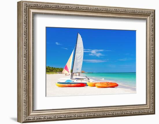 Sailing Boat (Catamaran) and Kayaks at Varadero Beach in Cuba-Kamira-Framed Photographic Print