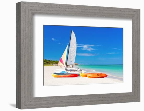 Sailing Boat (Catamaran) and Kayaks at Varadero Beach in Cuba-Kamira-Framed Photographic Print