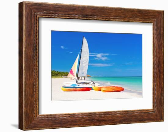 Sailing Boat (Catamaran) and Kayaks at Varadero Beach in Cuba-Kamira-Framed Photographic Print