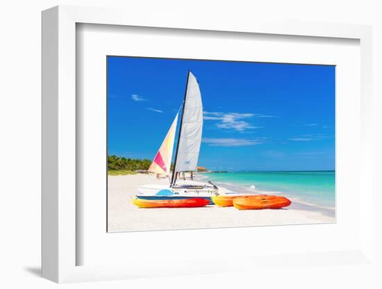 Sailing Boat (Catamaran) and Kayaks at Varadero Beach in Cuba-Kamira-Framed Photographic Print