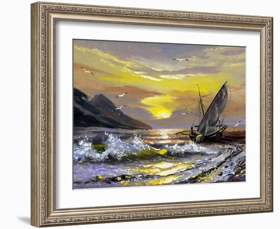 Sailing Boat In Waves On A Decline-balaikin2009-Framed Art Print