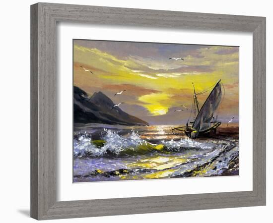 Sailing Boat In Waves On A Decline-balaikin2009-Framed Art Print