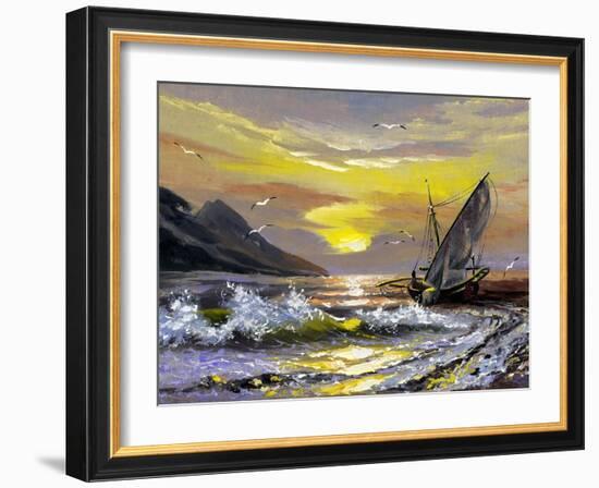 Sailing Boat In Waves On A Decline-balaikin2009-Framed Art Print