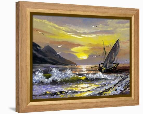 Sailing Boat In Waves On A Decline-balaikin2009-Framed Stretched Canvas