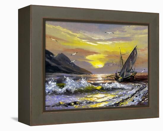 Sailing Boat In Waves On A Decline-balaikin2009-Framed Stretched Canvas