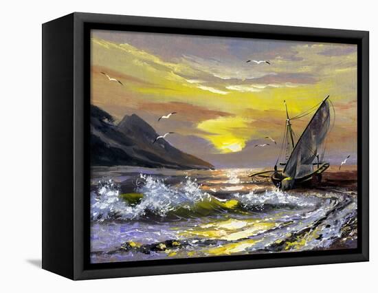 Sailing Boat In Waves On A Decline-balaikin2009-Framed Stretched Canvas