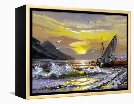 Sailing Boat In Waves On A Decline-balaikin2009-Framed Stretched Canvas