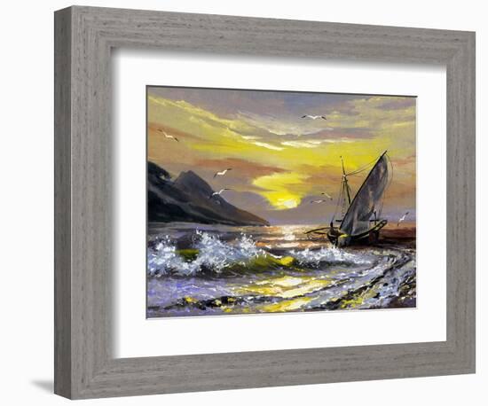 Sailing Boat In Waves On A Decline-balaikin2009-Framed Art Print