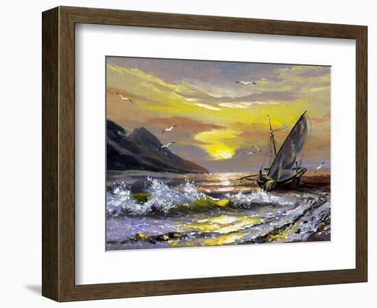 Sailing Boat In Waves On A Decline-balaikin2009-Framed Art Print