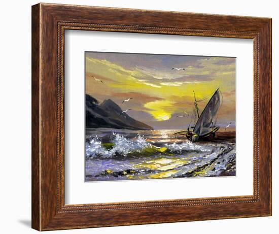 Sailing Boat In Waves On A Decline-balaikin2009-Framed Art Print