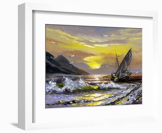 Sailing Boat In Waves On A Decline-balaikin2009-Framed Art Print