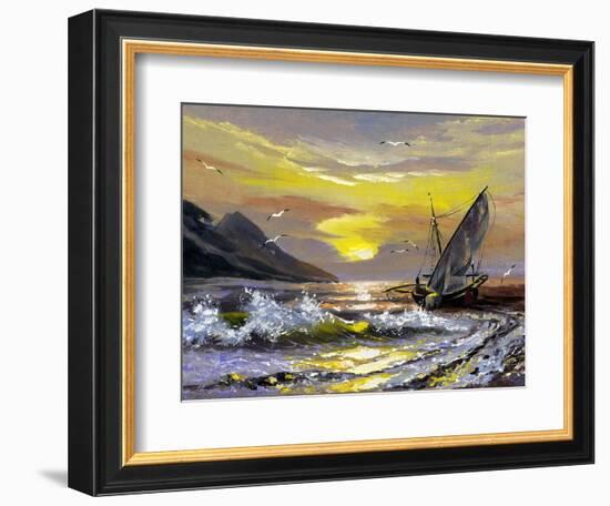 Sailing Boat In Waves On A Decline-balaikin2009-Framed Art Print