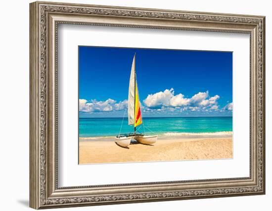 Sailing Boat on a Beautiful Summer Day at Beach in Cuba-Kamira-Framed Premium Photographic Print