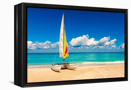 Sailing Boat on a Beautiful Summer Day at Beach in Cuba-Kamira-Framed Premier Image Canvas