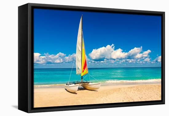 Sailing Boat on a Beautiful Summer Day at Beach in Cuba-Kamira-Framed Premier Image Canvas