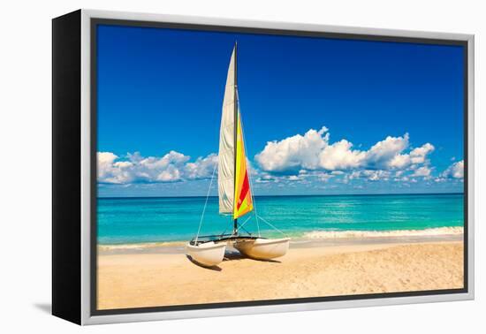 Sailing Boat on a Beautiful Summer Day at Beach in Cuba-Kamira-Framed Premier Image Canvas