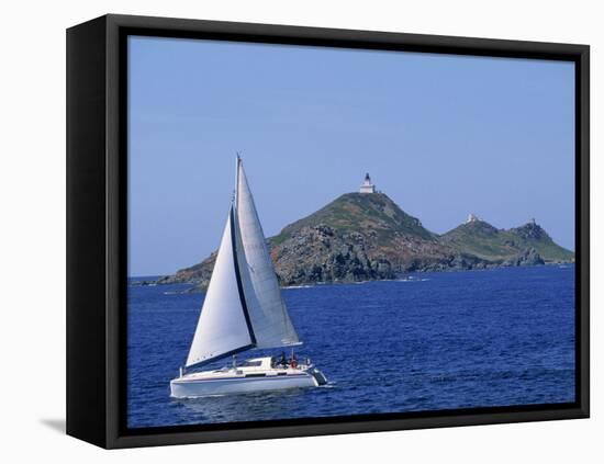 Sailing Boat with the Semaphore Lighthouse Behind, Iles Sanguinaires, Island of Corsica, France-Thouvenin Guy-Framed Premier Image Canvas