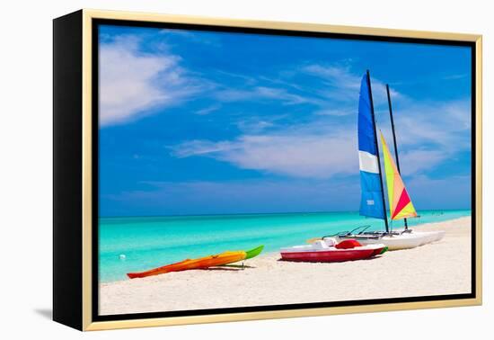 Sailing Boats, Catamarans, Kayaks and Water Bikes in the Beautiful Cuban Beach of Varadero-Kamira-Framed Premier Image Canvas