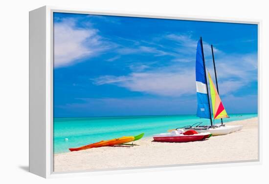 Sailing Boats, Catamarans, Kayaks and Water Bikes in the Beautiful Cuban Beach of Varadero-Kamira-Framed Premier Image Canvas