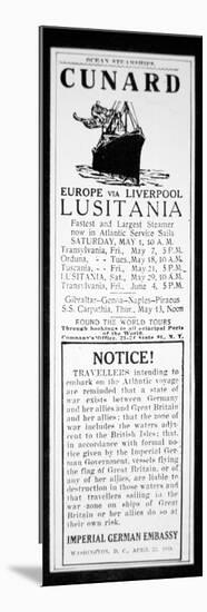 Sailing Notice and German Warning, New York Herald, 1st May 1915-American School-Mounted Giclee Print