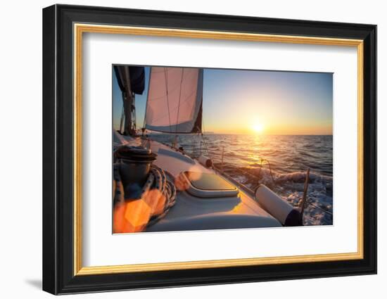 Sailing Ship Luxury Yacht Boat in the Sea during Amazing Sunset.-De Visu-Framed Photographic Print