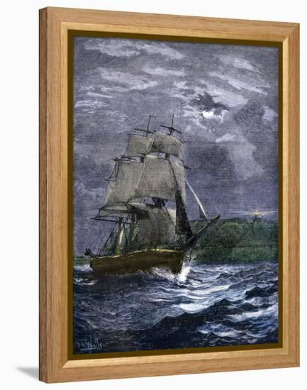 Sailing Ship Passing a Lighthouse Marking the Way to Home Port, 1800s-null-Framed Premier Image Canvas