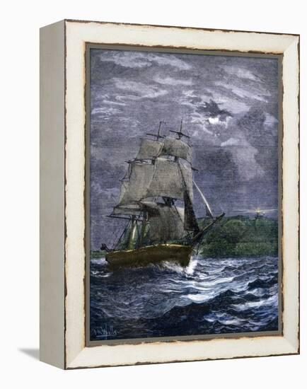 Sailing Ship Passing a Lighthouse Marking the Way to Home Port, 1800s-null-Framed Premier Image Canvas