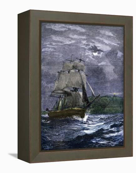 Sailing Ship Passing a Lighthouse Marking the Way to Home Port, 1800s-null-Framed Premier Image Canvas