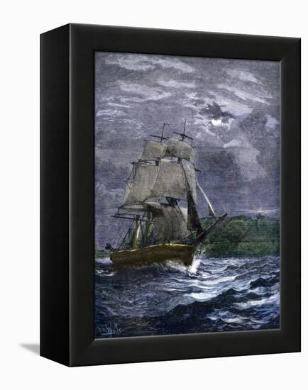 Sailing Ship Passing a Lighthouse Marking the Way to Home Port, 1800s-null-Framed Premier Image Canvas