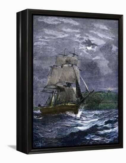 Sailing Ship Passing a Lighthouse Marking the Way to Home Port, 1800s-null-Framed Premier Image Canvas