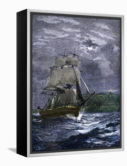 Sailing Ship Passing a Lighthouse Marking the Way to Home Port, 1800s-null-Framed Premier Image Canvas