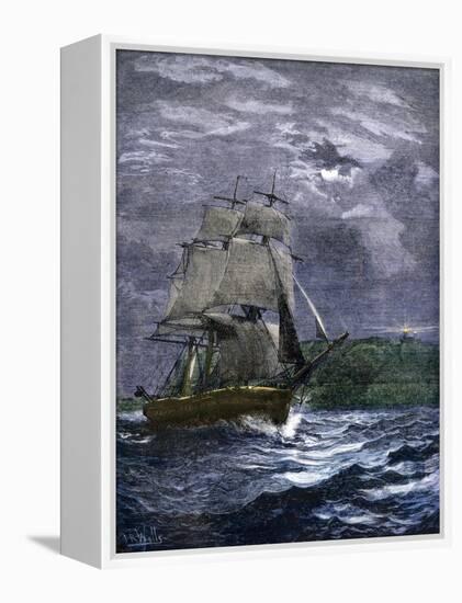 Sailing Ship Passing a Lighthouse Marking the Way to Home Port, 1800s-null-Framed Premier Image Canvas